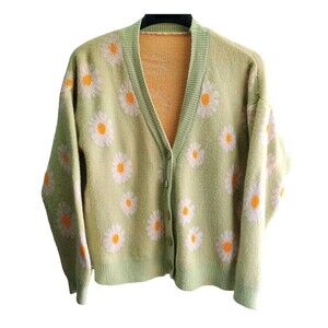 Shein Cardigan Sweater Womens Large Green White Daisies Button Up V-Neck Casual